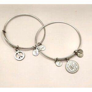 Alex And Ani Silver-Tone Charm Bangles With Peace & Love Charms Adjustable Set O